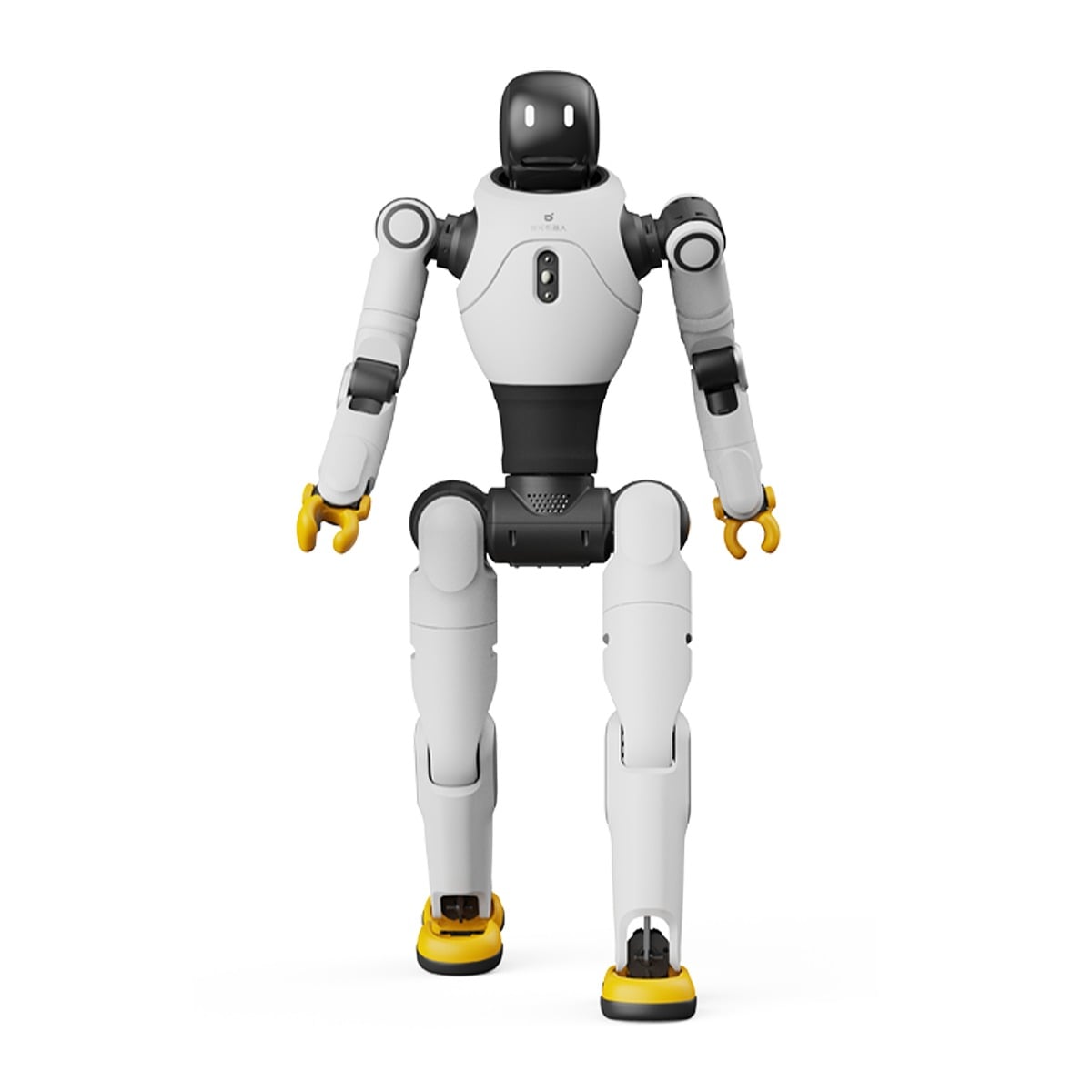 The AgiBot X2 is a humanoid platform with a white body, black joints, yellow feet, yellow-tipped dexterous hands, and a black face panel displaying two glowing eyes as it stands upright facing forward.