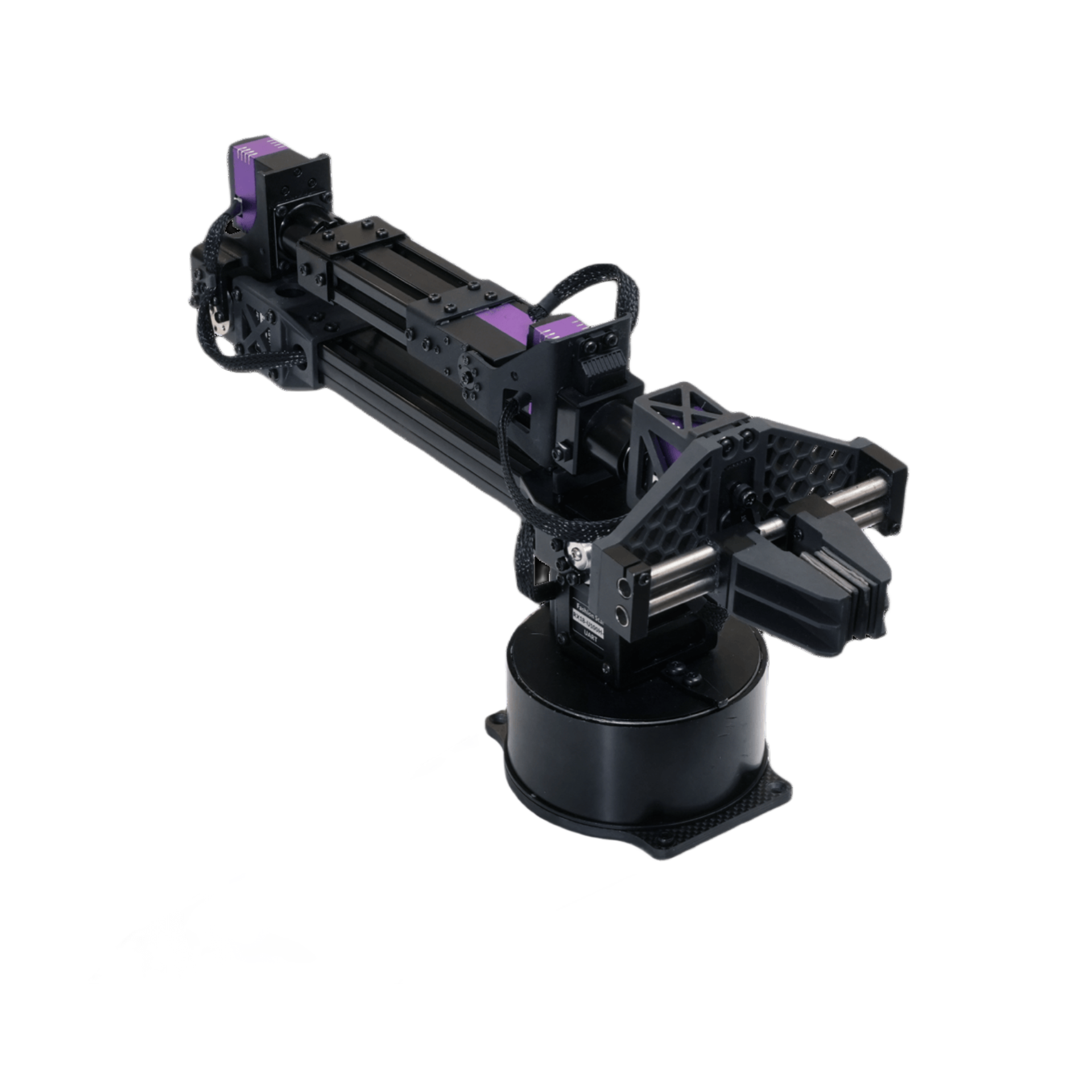 The Unitree D1 Servo Arm for Go2, in black and purple with a mechanical gripper, is designed for precise robot manipulation and is mounted on a round black base against a white background.