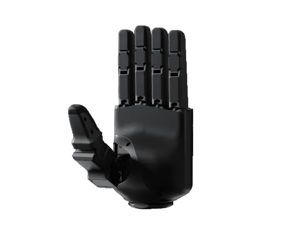 The Unitree G1 Dex5-1, a dexterous robotic hand with five-finger control—four extended fingers and a bent thumb—is displayed against a light gray background, highlighting advanced robotics research.